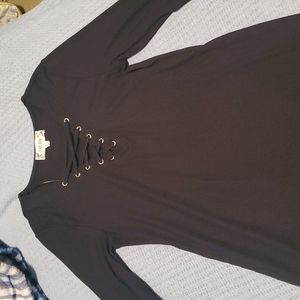 Black Three Quarter Sleeve Dress With Lace Up Neckline